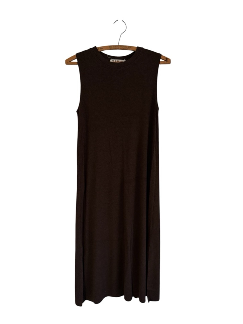 Fighting Eel FE Basics Ribbed Knit Side Slit Sleeveless Dark Brown Midi Dress M